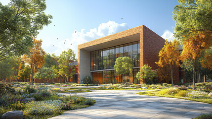 Obraz premium Modern architectural view of school building surrounded by vibrant nature and greenery