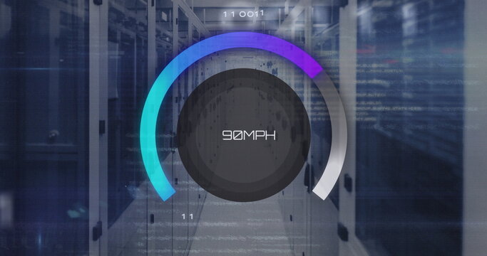 Image of speedometer and numbers over servers