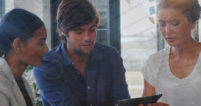 Image of data processing over diverse colleagues discussing over digital tablet at office