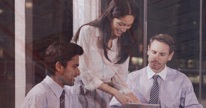 Image of financial data processing over diverse business people - Powered by Adobe