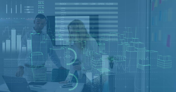 Image of data processing and digital city over diverse business people at office
