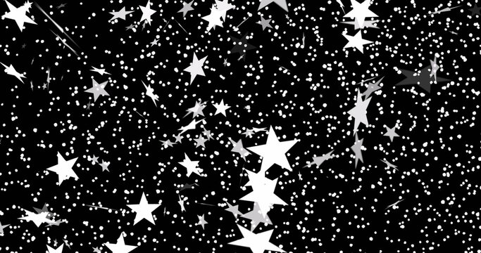 Image of white stars and white particles moving on black background
