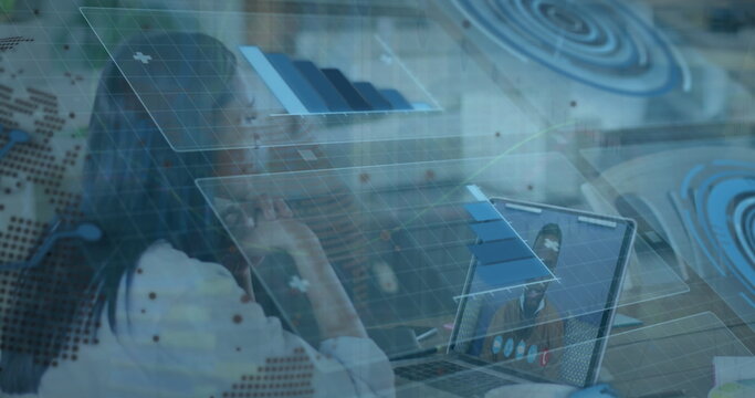 Image of data processing over businesswoman having laptop image call with colleague