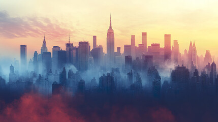 stunning skyline view of city at sunset, with skyscrapers shrouded in mist and vibrant colors