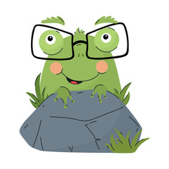 Cute cartoon frog with glasses peeking from behind a rock. Fun educational character for kids. Smiling green frog with big eyes and glasses for learning materials. Smart happy little frog illustration
