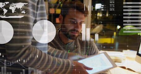 Image of statistics and financial data processing over caucasian businessman in office