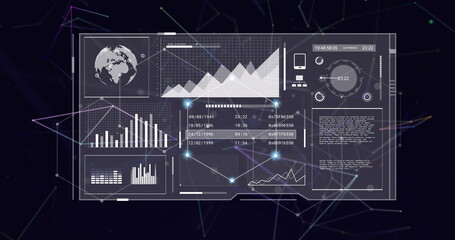 Image of data processing over network of connections on black background
