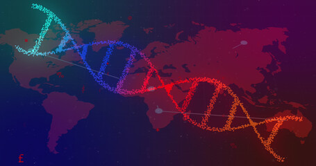 Image of dna strand spinning with medical data processing