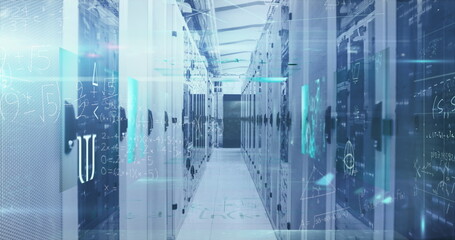 Image of data processing over tech room with computer servers