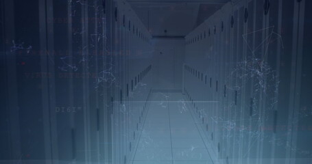 Illuminating narrow server aisle in data center under LED lighting, projecting network overlays