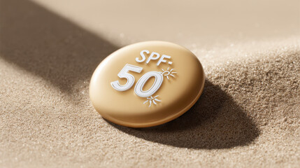 Round sunscreen badge displaying SPF 50 rests on sandy surface, highlighting its protective qualities against sun exposure. warm tones evoke sense of summer and outdoor activities