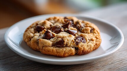 A freshly baked chocolate chip cookie served on a white plate