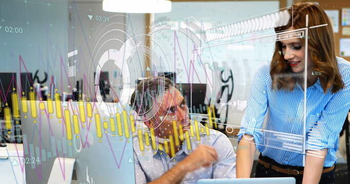 Image of statistics and financial data processing over diverse business people in office - Powered by Adobe