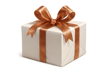 Fototapeta premium Luxury white gift box adorned with glossy brown ribbon, symbolizing celebration and sophistication against clean transparent backdrop