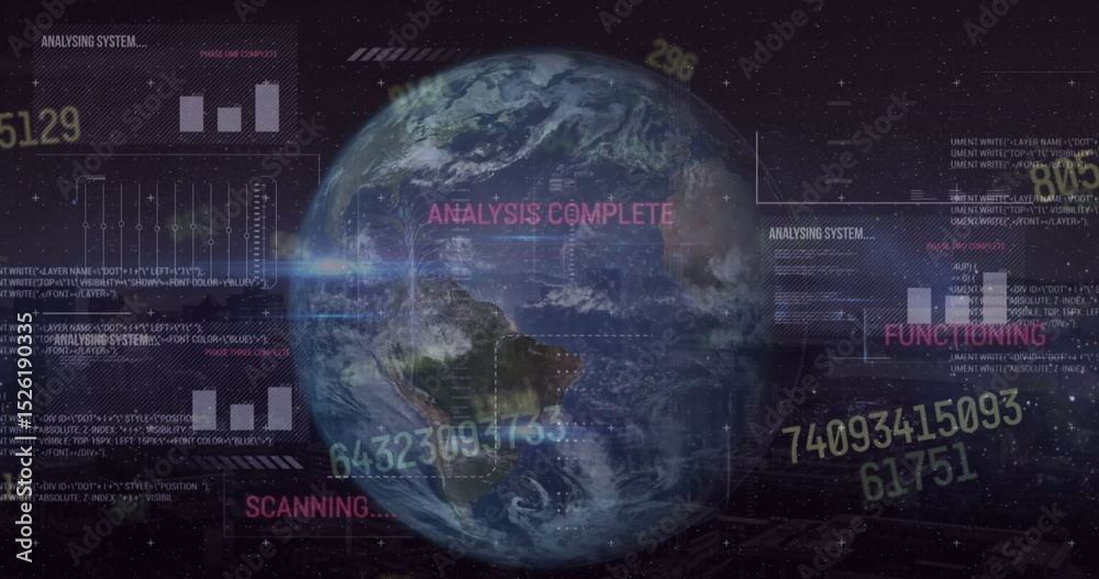 Poster image of interface with data processing over spinning globe against black background