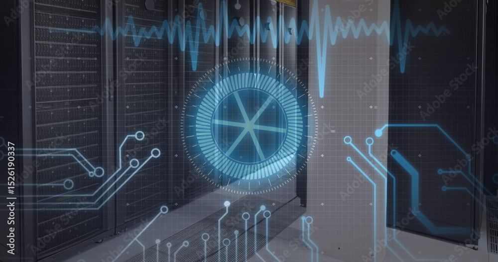 Poster image of neon round scanner and microprocessor connections against empty computer server room