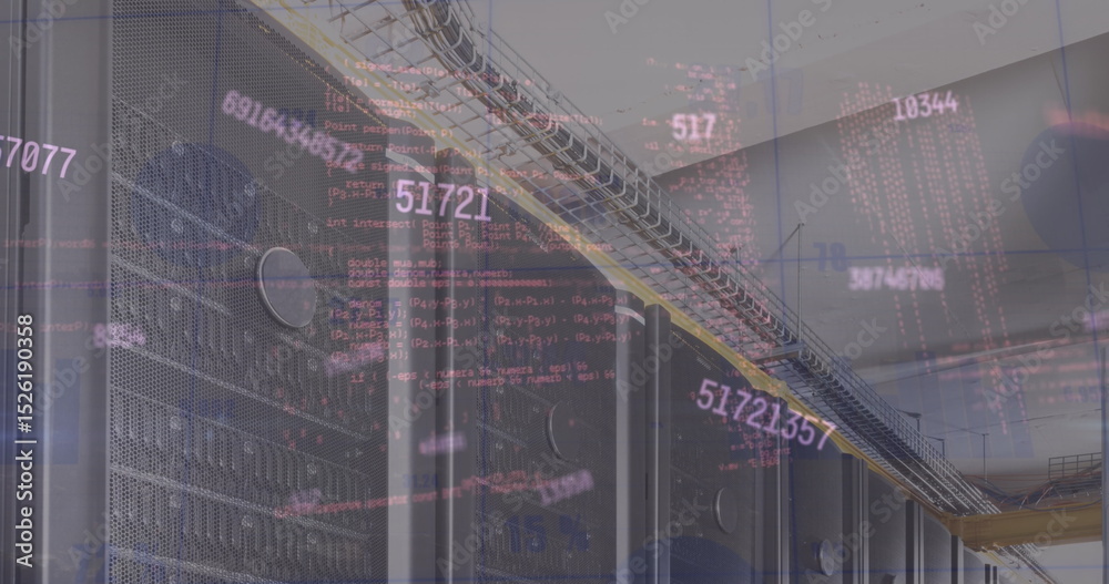 Poster image of multiple changing numbers and data processing against computer server room