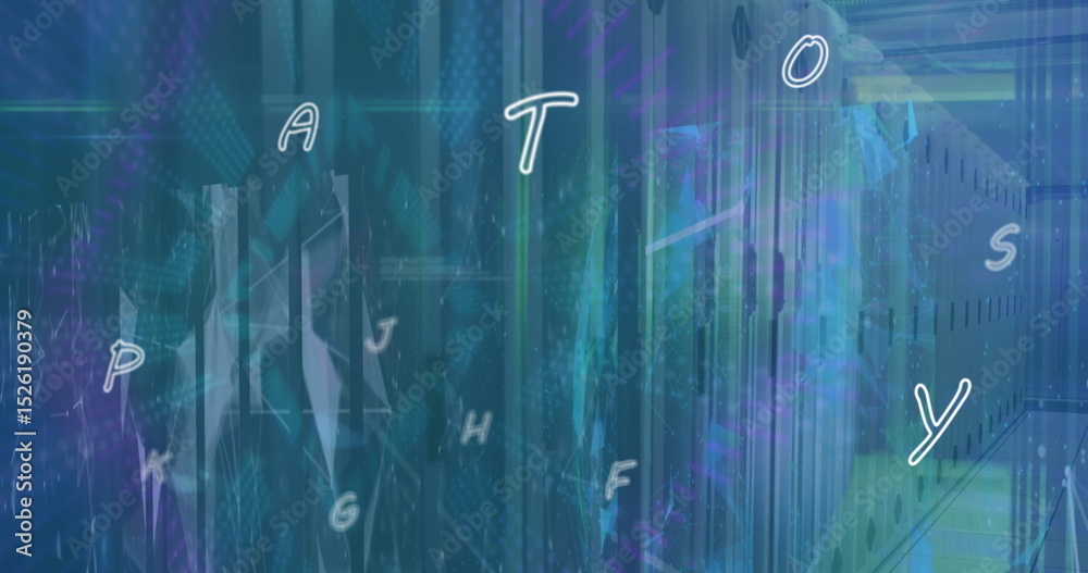 Poster image of data processing and networks over computer server room