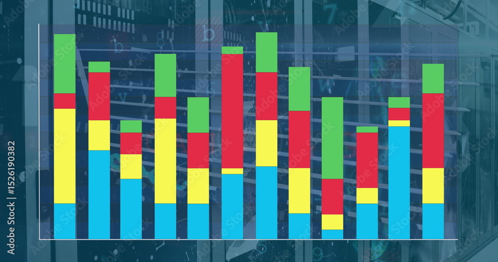 Poster image of colourful graph and data processing over computer server room