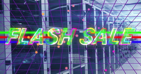 Image of flash sale text banner over grid network against computer server room