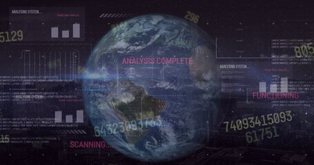 Image of interface with data processing over spinning globe against black background
