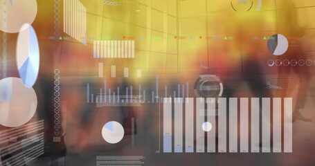 Image of financial data processing over diverse people walking on street