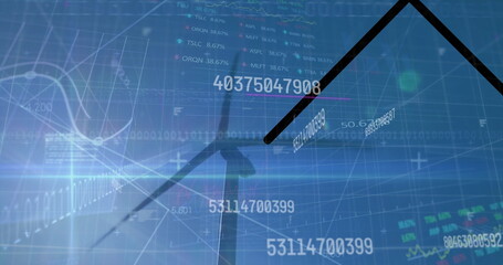 Image of financial data processing and binary coding over wind turbines