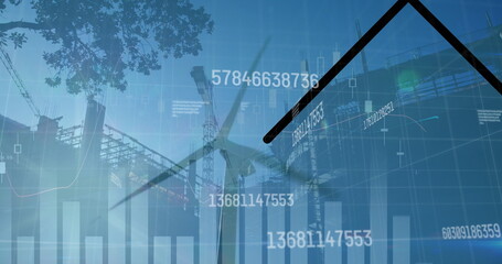 Image of social media icons and network of connections over construction site