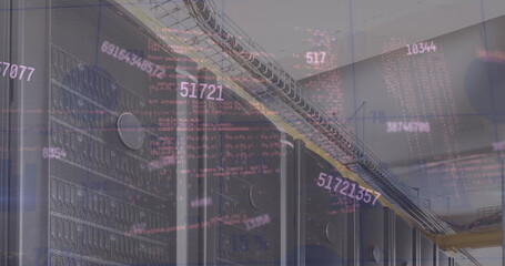 Image of multiple changing numbers and data processing against computer server room