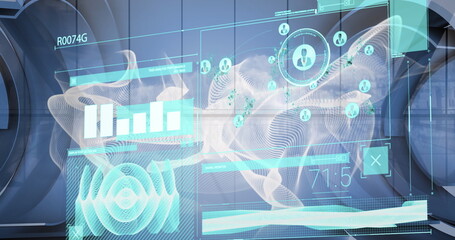 Image of text covid and scopes scanning over data processing