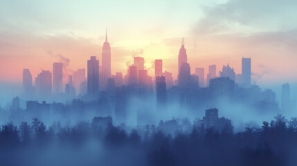 stunning city skyline emerges through foggy atmosphere at sunrise, creating serene urban scene