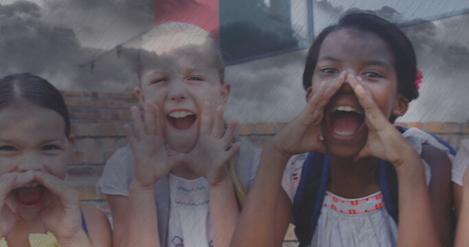 Image of sky with clouds over diverse schoolchildren screaming
