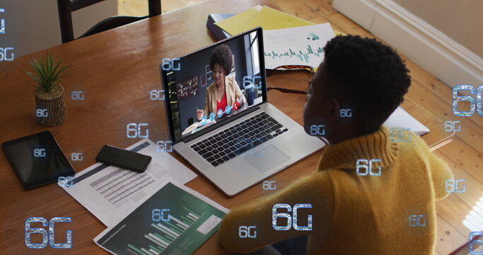 Image of 6g over african american woman having image call on laptop - Powered by Adobe