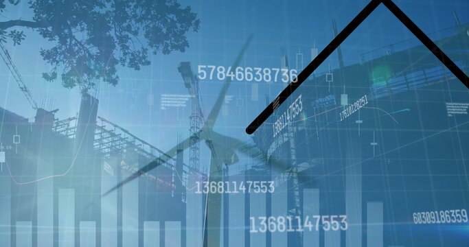 Image of social media icons and network of connections over construction site