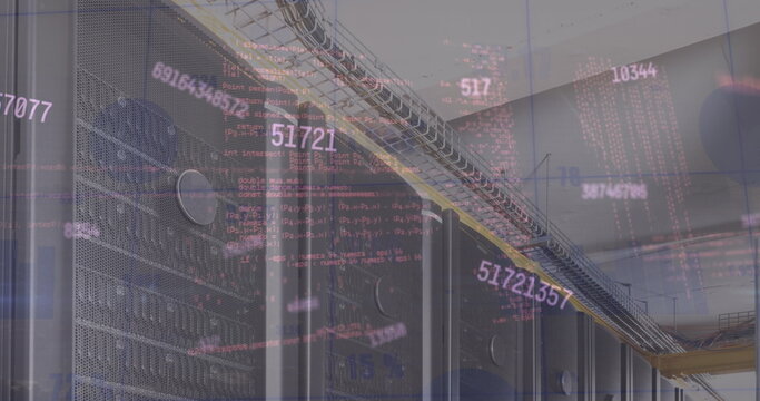 Image of multiple changing numbers and data processing against computer server room