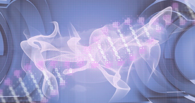 Image of financial data processing over dna strand and white shapes