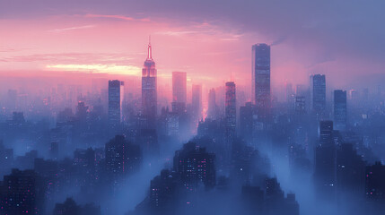 Fototapeta premium stunning city skyline shrouded in fog, showcasing tall buildings and vibrant sunset