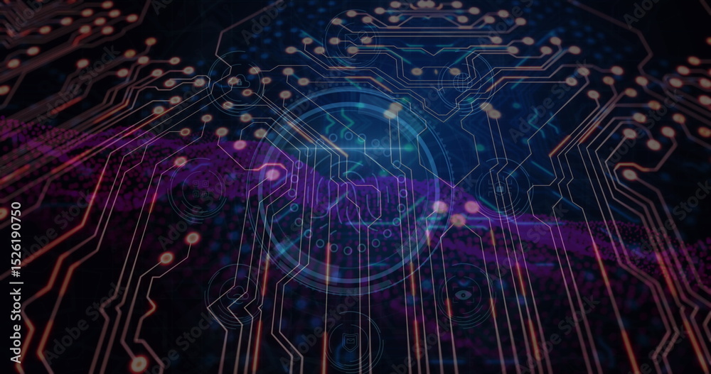 Poster image of computer circuit board over scope scanning and dna strand on black background