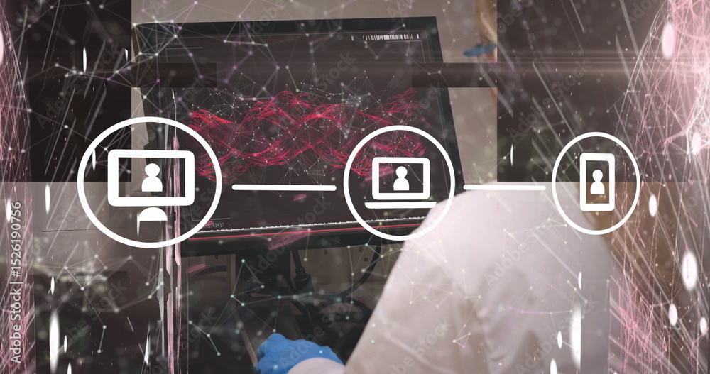 Poster image of media icons and shapes over hand using computer