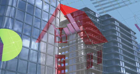 Image of statistical data processing over house icon against tall buildings