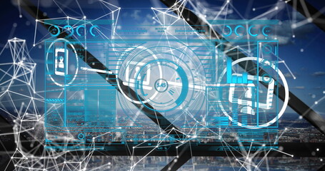 Image of scope scanning and network of connections with icons over cityscape