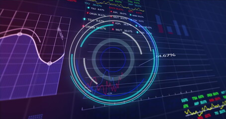 Image of scope and financial data processing over blue background