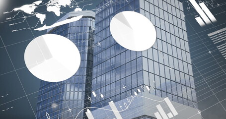 Image of financial data processing over cityscape