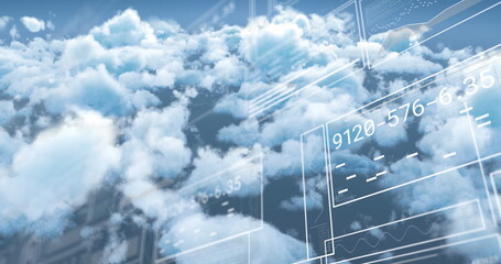 Image of charts and data processing on interface over cloudy blue sky
