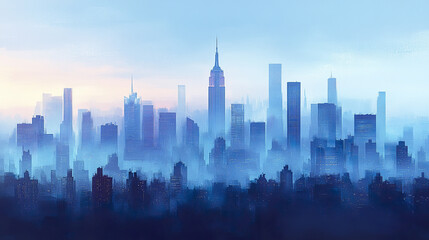 Obraz premium serene city skyline emerges through foggy atmosphere, showcasing urban beauty