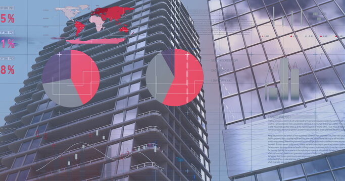 Image of statistical data processing against tall buildings - Powered by Adobe