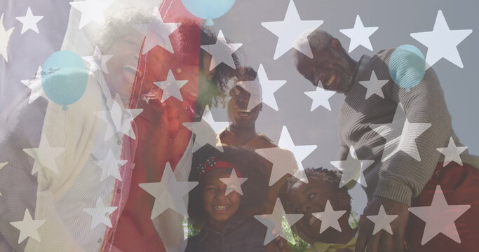 Image of flag of usa over african american family smiling - Powered by Adobe