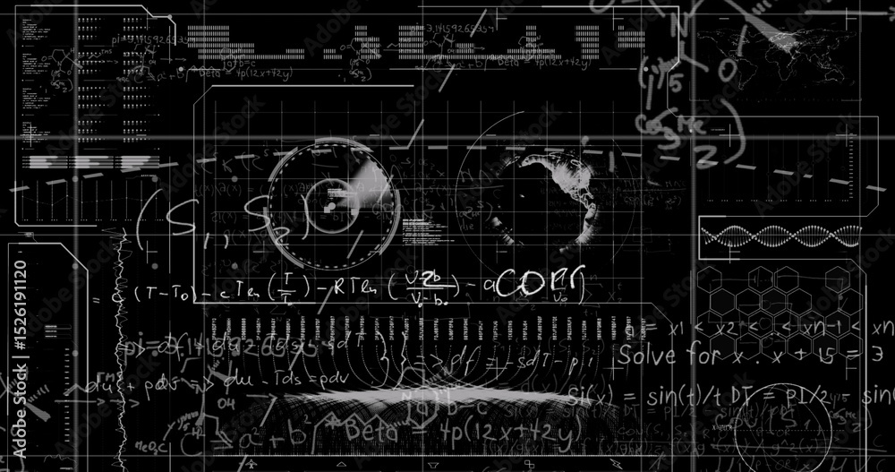 Poster image of data processing with mathematical equations on black background