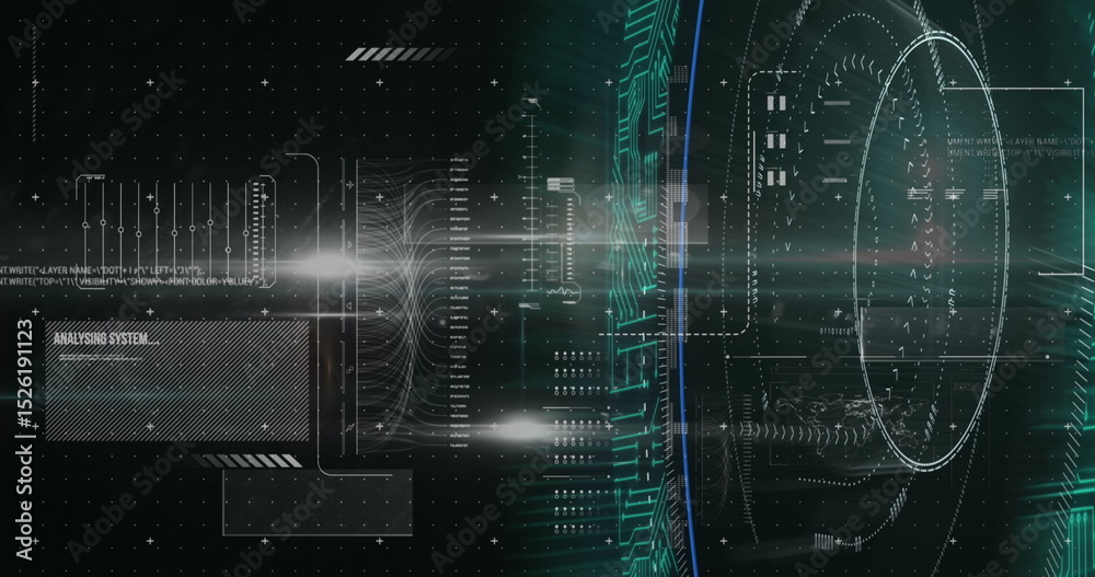 Poster image of data processing with light trails on black background