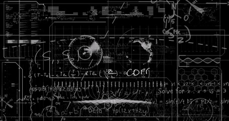 Image of data processing with mathematical equations on black background